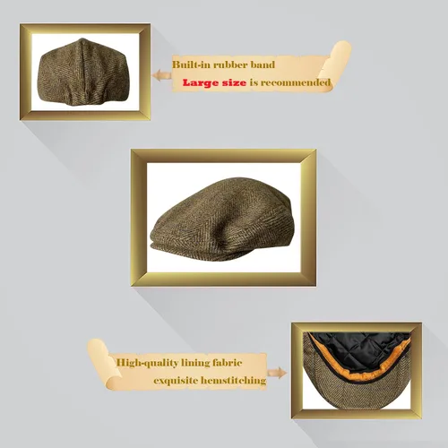 Vista 6 de Gorras de Newsboy para hombre, mezcla de lana de tweed clásica, sombrero de hiedra, pata de gallo, espiga, a cuadros, sombrero de copa plana unisex