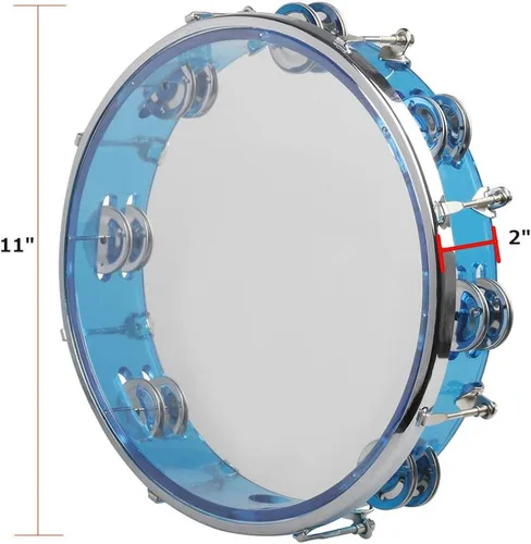 Vista 2 de ENNBOM Pandereta Ajustable Tono Mano Tambor Doble Fila Cascabeles de Metal Campana de Mano Nivel de Actuación Pandereta de Percusión de Mano (Azul)
