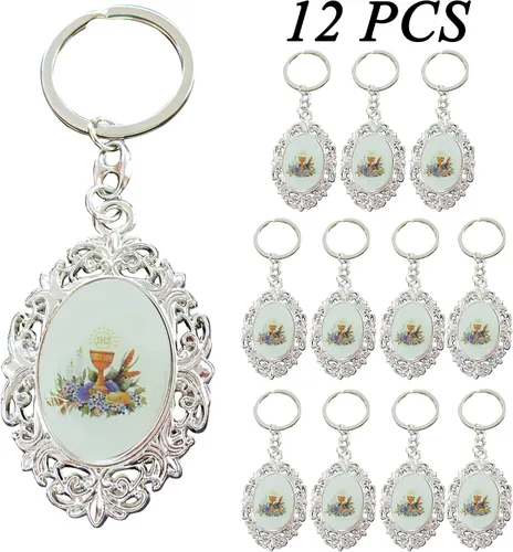 Vista 2 de Llavero de la Primera Comunión Niño Niña Favor 12PCS - Recuerdos para Primera Comunión Nina Nino, Llavero Católico, plateado