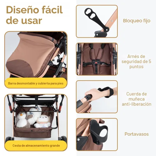 Vista 8 de Cochecito de bebé 2 en 1 para recién nacido plegable con toldo ajustable plegable de alto paisaje, cochecito infantil antigolpes para niños pequeños