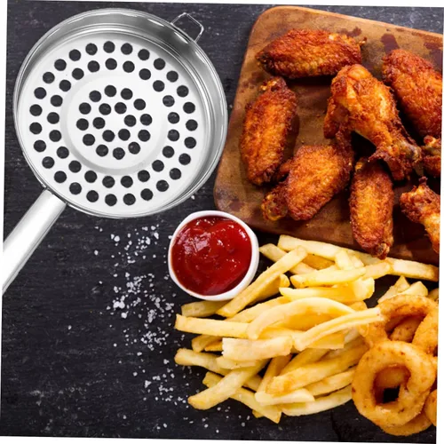 Vista 9 de Colador de fondo plano de acero inoxidable, cuchara de cocina de agujero grande para filtrar ollas calientes y camarones, colador de malla