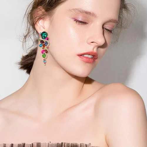 Vista 3 de BriLove - aretes largos para mujer, bohemios, para boda o novia, diseño de lágrima