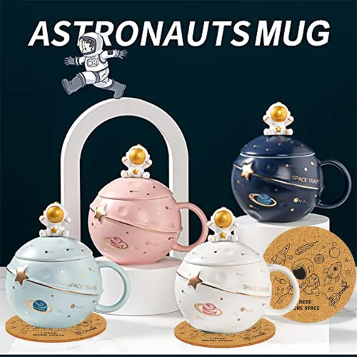 Vista 6 de Yalucky Taza Kawaii de Astronauta Copa Espacial con Planeta en Relieve, Linda Taza de Café de Cerámica, Taza Novedosa con Tapa y Cuchara para Café