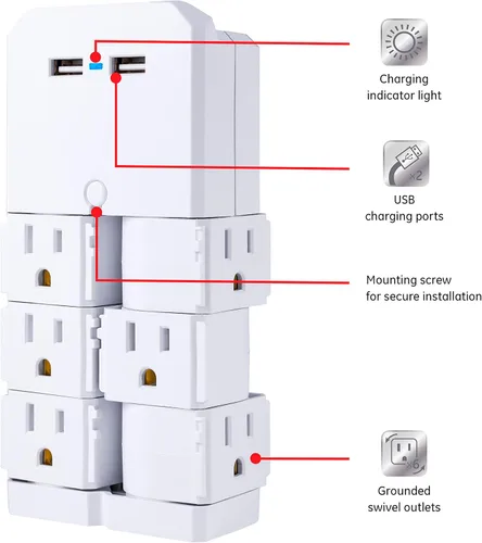 Vista 9 de GE - Extensor de 6 tomas con salidas giratorias, 2 puertos USB, enchufe de pared con toma de tierra, estante para dispositivos incorporado