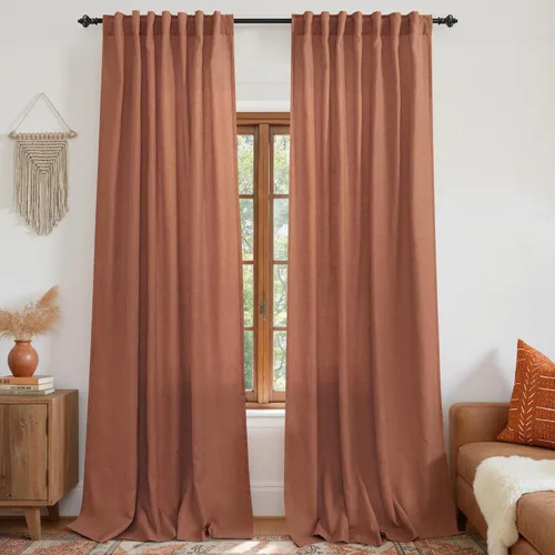 Vista 40 de Cortinas rústicas color beige tostado de 42 x 84 pulgadas de largo para sala de estar, juego de 2 paneles transparentes de lino natural, imitación