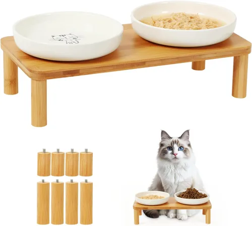 Vista 8 de DoogCat Cuencos elevados para gatos, soporte de bambú con 2 cuencos