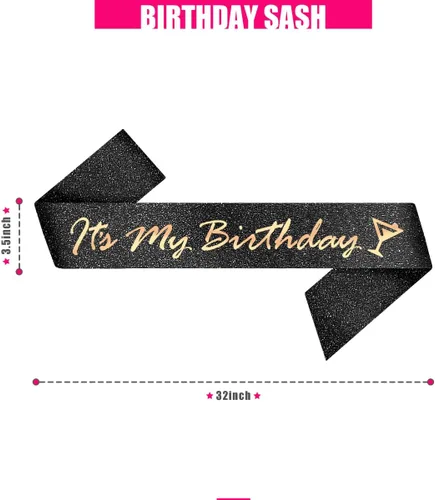 Vista 3 de PartyForever Cinta decorativa de cumpleaños para mujer, banda negra de 32 pulgadas de largo con letras de oro rosa "It's My Birthday
