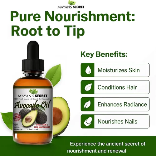 Vista 3 de Mayan's Secret - Aceite de aguacate para cabello y piel - Hidratante facial natural para piel seca - Aumento de colágeno para el envejecimiento