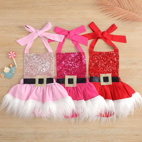 Vista 5 de Mameluco de tutú esponjoso de Navidad de felpa de Papá Noel de cintura alta con cuello y espalda descubierta