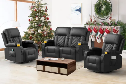 Vista 23 de Furnimat Juego de sofá reclinable con 2+1 piezas para sala de estar, sofá reclinable de 2 plazas en cuero, 1 silla reclinable con asiento de sofá