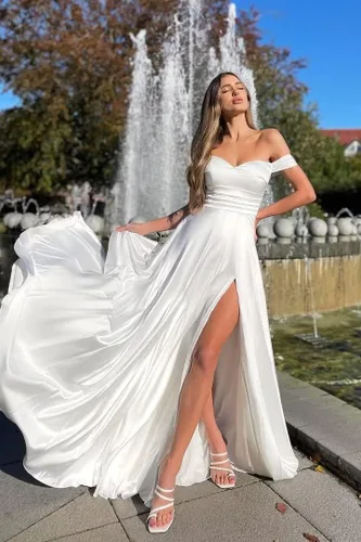 Vista 4 de Youjiayi Vestidos de fiesta de graduación con hombros descubiertos y abertura, vestidos largos de satén de seda para mujer, vestidos de fiesta