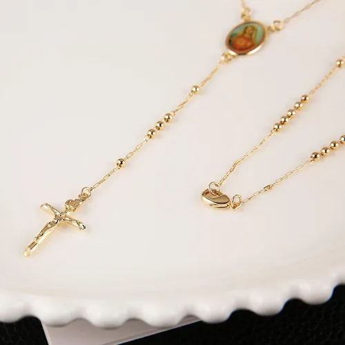 Vista 5 de HZMAN Gold Plated Dainty Choker Necklace Y-Shape Necklace Rosary Bead St. BenedictVirgin of Guadalupe Cross Pendant Adjustable Necklace for Women
