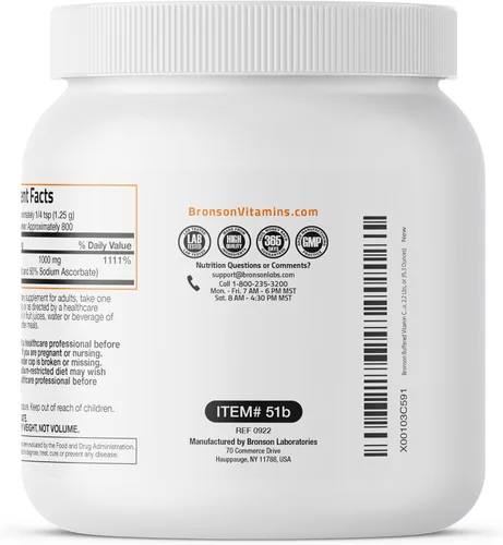 Vista 4 de Bronson Polvo de vitamina C tamponada con ácido ascórbico tamponado con cristales finos solubles en ascorbato de sodio - Promueve el sistema
