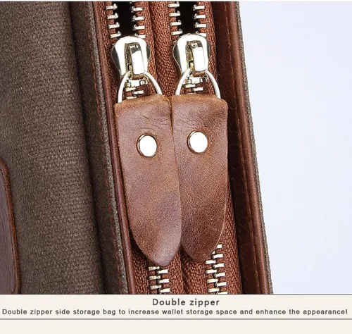 Vista 5 de SUMGOGO Billeteras para hombres y mujeres, bolso de mano para teléfono y tarjeteros, bolso vintage de lona de cuero auténtico, doble bolsillo