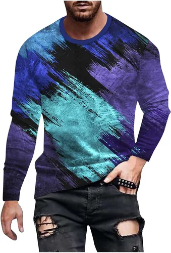 Vista 7 de Camiseta de manga larga para hombre, casual, teñido anudado, cuello redondo, holgada, para gimnasio, entrenamiento, camisetas gráficas a la moda