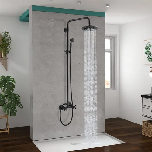 Vista 3 de Sistema de ducha de tubo expuesto de doble función, redondo, cabezal de ducha de lluvia de 8 pulgadas, juego combinado de accesorios de latón