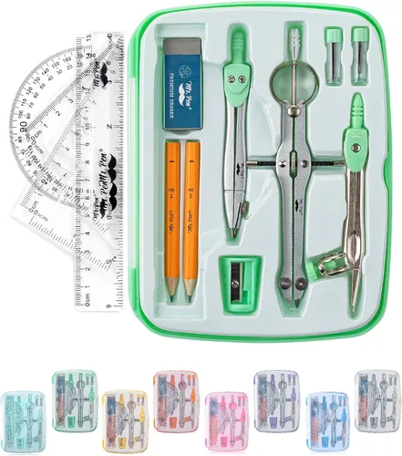 Vista 13 de Mr. Pen- Geometry Set, 13 pcs, 3 Metal Compasses, Protractor, 6" Ruler 45° & 30°/60° Set Squares, Pencils, Lead Refills, Sharpener & Eraser for