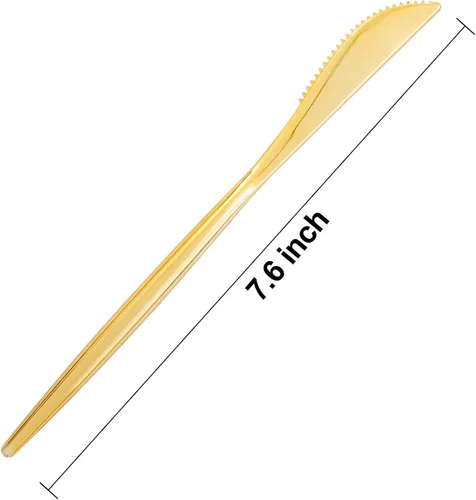 Vista 2 de U-QE Paquete de 60 cuchillos de plástico dorados resistentes, cubiertos desechables dorados sólidos y duraderos, cubiertos de plástico resistentes