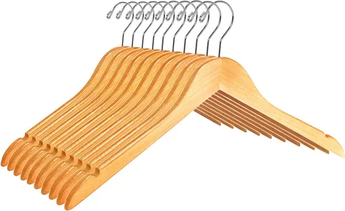 Vista 20 de Perchas de madera semicurvada negra de calidad, paquete de 10 perchas de madera maciza con acabado liso con gancho giratorio, chaqueta, pantalón