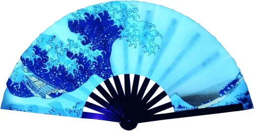 Vista 16 de Abanico plegable grande para rave, ventilador chino de Kung Fu Tai Chi para hombres y mujeres, festivales de boda, decoración de fiesta de Negro