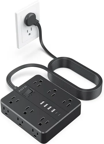 Vista 8 de Regleta de Enchufe Plano, AOFO Cable de Extensión de 5 Pies con 12 Tomacorrientes y 6 Puertos USB (4 USB-A, 2 USB-C), Protector contra