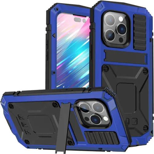 Vista 9 de Funda de metal para iPhone 14 Plus 5G con protector de pantalla y función atril, funda para cámara, resistente armadura militar duradera, cuerpo