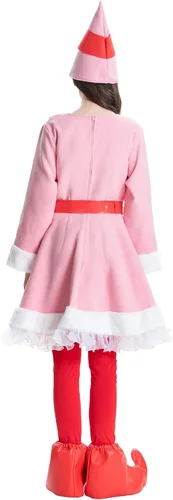 Vista 4 de Disfraz de elfo para mujer, vestido Jovie, 5 piezas, traje de Navidad para adultos, lindo traje de Papá Noel rosa, para parejas, vacaciones, fiesta