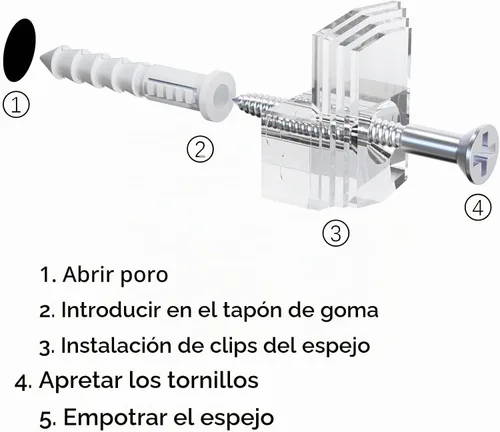 Vista 5 de Kit de soporte de espejo – 22 clips de plástico transparente, clips de retención de vidrio, kit para colgar con tornillos y puerta fija de caja