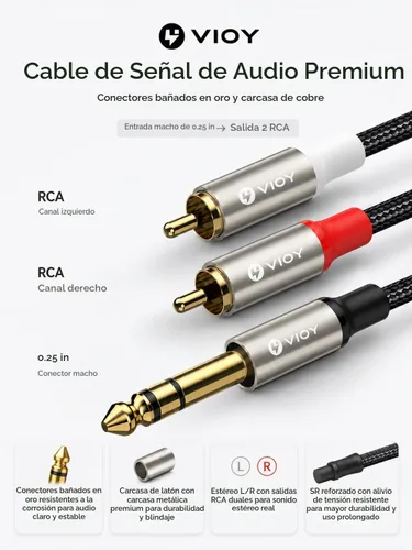 Vista 4 de VIOY - Cable de 1/4 a RCA de 5 pies, 0.250 in TRS macho a doble RCA macho en Y Copper shell, dual shielding lossless Hi-Fi sound,braided