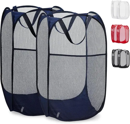 Vista 13 de Handy Laundry - Cesta de lavandería plegable de malla emergente con abertura ancha y bolsillo lateral - Diseño transpirable, resistente, plegable