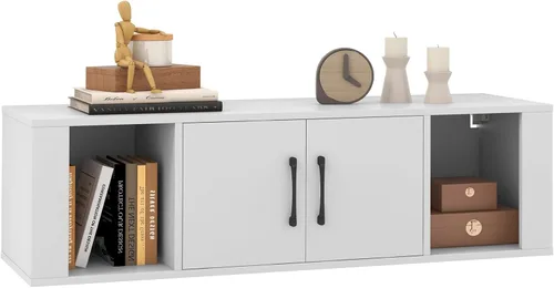Vista 8 de Giantex - Gabinete de almacenamiento montado en la pared de 2 cubos, estante flotante para medios y escritorio con 2 puertas y 2 estantes abiertos