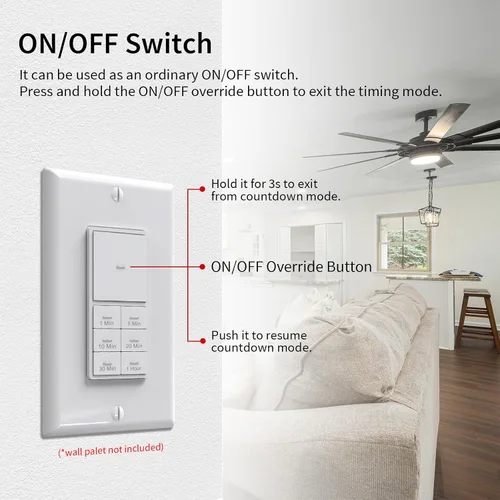 Vista 4 de Minoston Interruptor de luces de temporizador, 1-60 minutos, temporizador de pared de cuenta regresiva para ventiladores de baño, calentadores