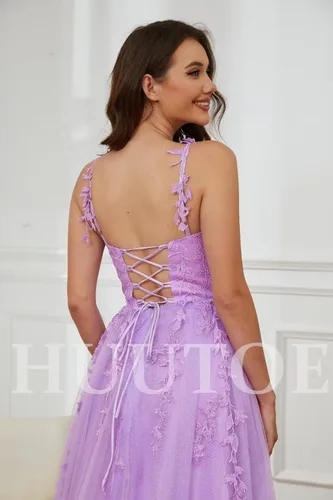 Vista 2 de Vestidos de graduación de tul con purpurina, cuello en V, apliques de encaje, vestidos largos de baile para mujer, vestidos formales de tirantes