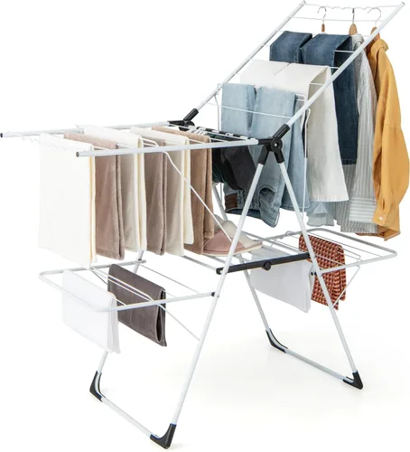 Vista 11 de GOFLAME Estante de secado de ropa, con 2 alas plegables, 14 varillas de secado, aireador de lavandería plegable independiente para ropa, toallas