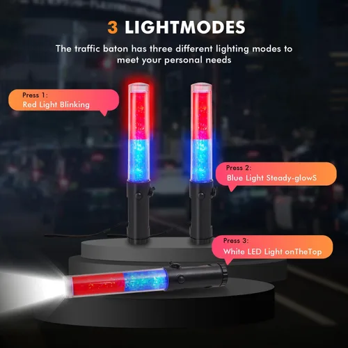 Vista 4 de Jade Butterfly Varita de tráfico, bastón de control de tráfico recargable de 10 pulgadas con imán, 3 modos intermitentes de luz de seguridad roja