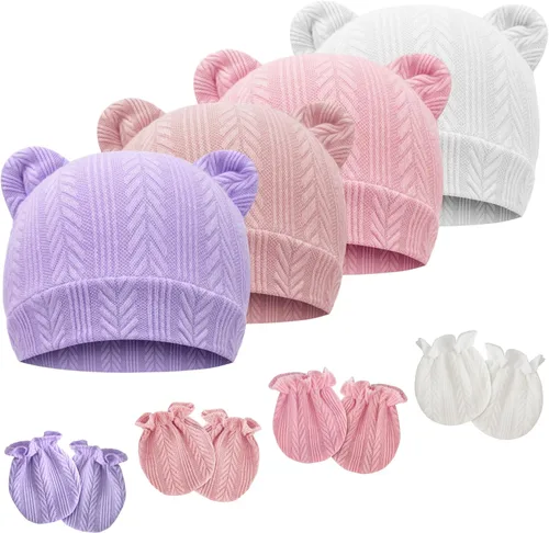 Vista 13 de Conjunto de gorro y mitones para recién nacidos con orejas de oso, gorro para bebé, gorro de hospital para bebé niño o niña, de 0 a 3 meses 4