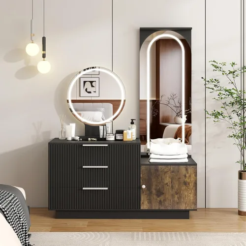 Vista 9 de ARTETHYS Escritorio de tocador con espejo y luces, tocador de maquillaje negro con estación de carga y espejo de longitud completa con parte