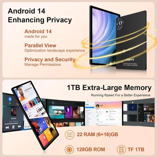 Vista 3 de Tablet de 10 pulgadas, 22 GB de RAM+128 GB ROM+1 TB Expand, Android 14 Tablet con teclado y mouse, batería de 8000 mAh, pantalla IPS de 1280 x 800