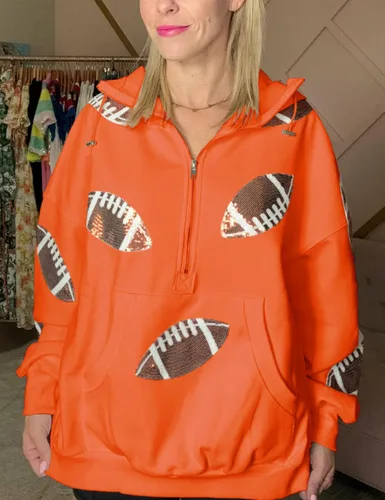 Vista 14 de SeekMe Sudaderas con capucha de lentejuelas para mujer, para el día del partido, suéteres de manga larga con cremallera y bolsillo