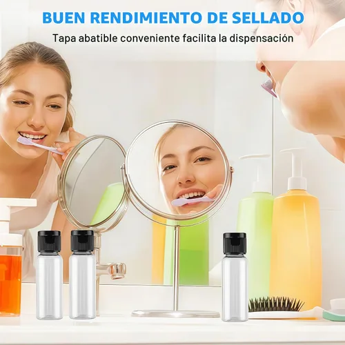 Vista 7 de 30 botellas de muestra de plástico transparente reutilizables vacías de 0.5 fl oz 0.51 oz con tapa abatible negra, frasco de viaje, recipiente