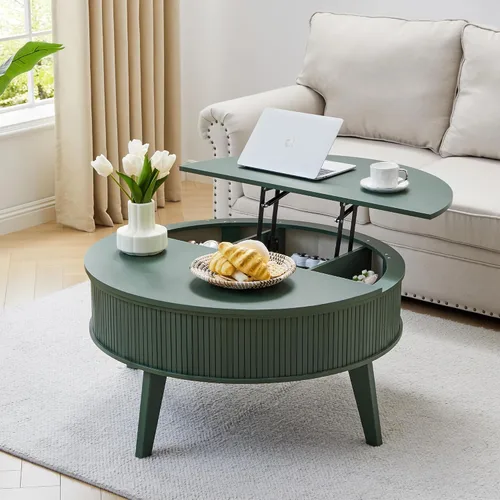 Vista 15 de Mesa de centro con parte superior acanalada totalmente montada con compartimento oculto, mesa central de madera, moderna mesa de elevación ovalada