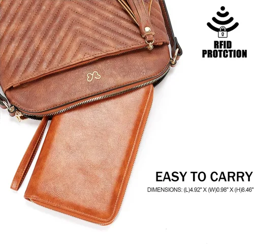 Vista 5 de BROMEN Cartera de cuero grande para mujer, soporte para teléfono con cremallera alrededor del bolso