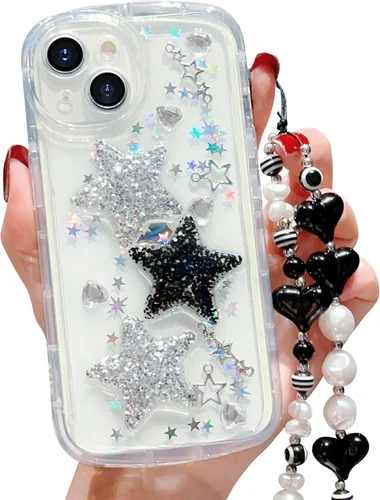 Vista 22 de Compatible con iPhone 11 Pro Funda Transparente Bonita con Diseño de Estrella con Purpurina en 3D con Perlas y Pulsera de Perlas, Diseño de Cadena