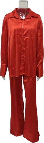 Vista 3 de Conjunto de pijama de satén de dos piezas para mujer, de manga larga, con botones, pierna ancha, ropa urbana de moda