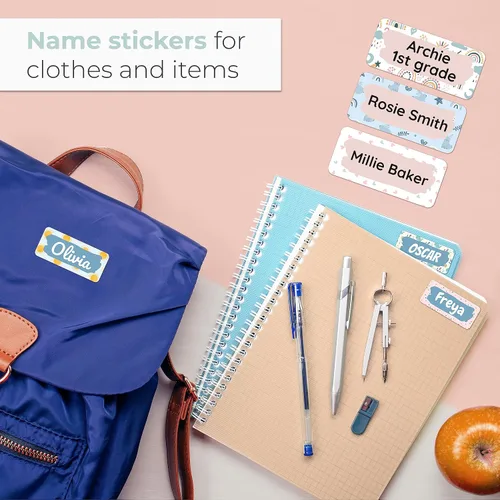 Vista 5 de Etiquetas de nombre personalizadas para niños [70 unidades] – Calcomanías de nombre impermeables para la escuela, artículos y ropa – Etiquetas