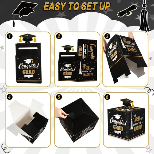 Vista 4 de Funrous Caja grande para tarjetas de graduación 2026 en negro y dorado con 30 piezas de tarjetas de consejos, caja de dinero, caja de dinero