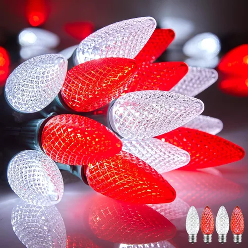 Vista 8 de Brightown Guirnalda de luces de Navidad C9, luces LED de Navidad para exteriores con 100 bombillas C9 de fresa, impermeables, extensibles, C9 Blanco