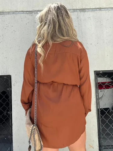 Vista 5 de WEJDYKG Nuevo conjunto de vestido de satén de otoño, vestido de satén de manga larga para mujer, mini vestido camisero de manga larga