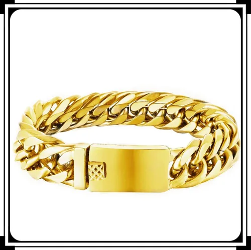 Vista 3 de Miami - Pulsera de cadena de eslabones cubanos de acero, Hip Hop pesada, cierre de caja rectangular con resorte, Acero inoxidable