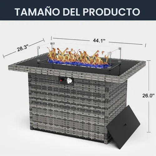 Vista 7 de Mesa para fogón de gas propano de 44 pulgadas para patio exterior, fogón rectangular al aire libre de mimbre de ratán de 60000 BTU con protector